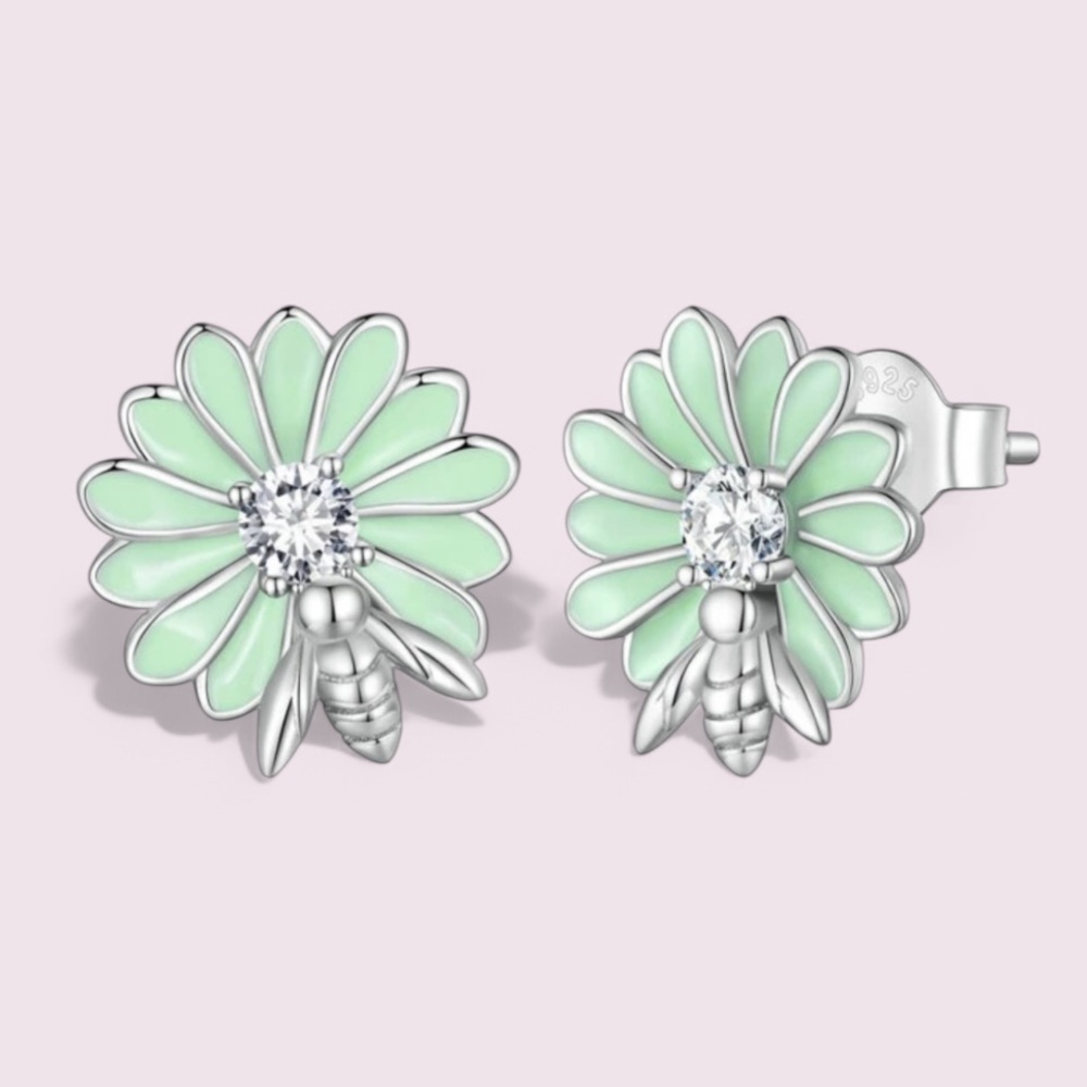 925 Sterling Silver Pastel Mint Daisy Bee CZ Stud Earrings